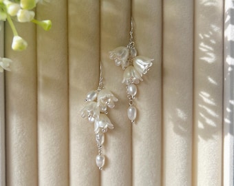 Lily of the Valley Flower Pearl Drop Earrings, Sterling Silver Ear Hook, Bridal Jewelry