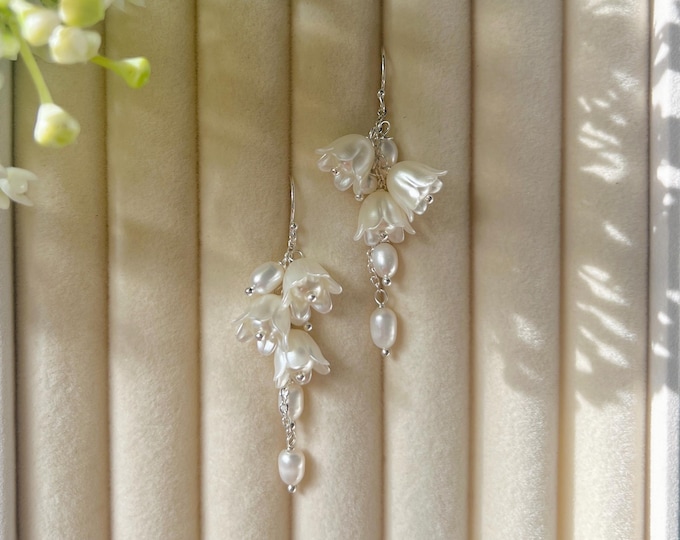 Lily of the Valley Flower Pearl Drop Earrings, Sterling Silver Ear Hook, Bridal Jewelry