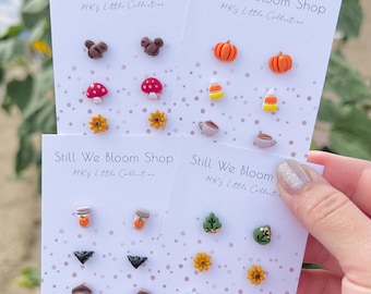 Handmade Polymer Clay Fall Stud Earrings, Pumpkin Mushroom Acorn Sunflower (MK's Little Collection)