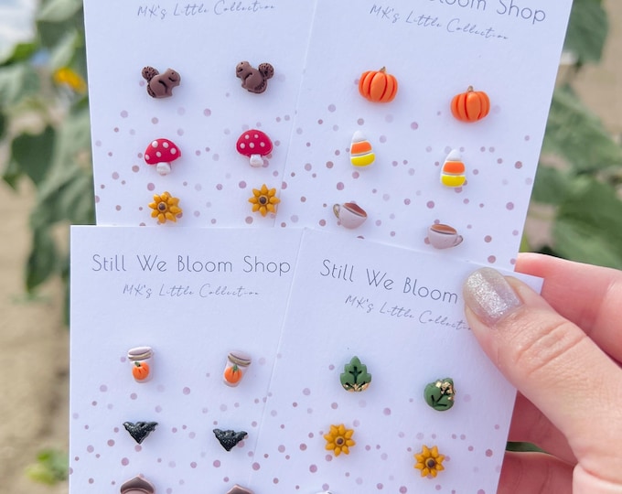 Handmade Polymer Clay Fall Stud Earrings, Pumpkin Mushroom Acorn Sunflower (MK's Little Collection)