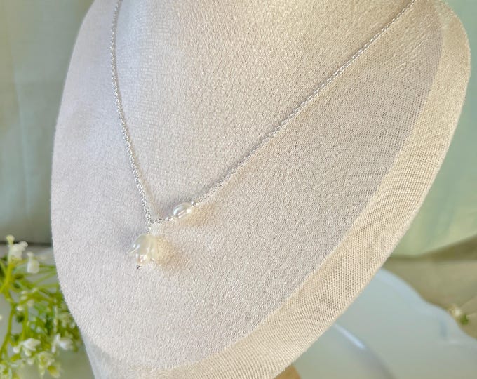 Handmade Lily of the Valley Necklace, Pearl Accents, Silver-Tone Chain, Bridal Floral Jewelry