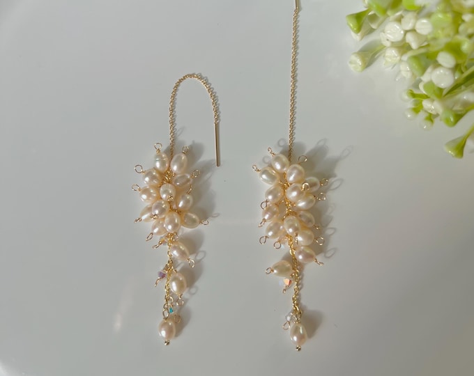 White Wisteria Pearl Bridal Earrings, Cascading Floral Dangle, Gold-Filled Wedding Jewelry