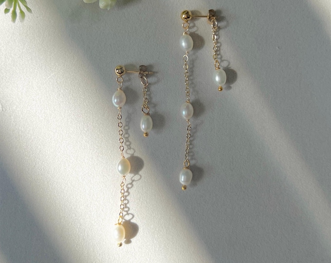 Asymmetrical Freshwater Pearl Dangle Earrings, Gold Filled Bridal Studs, Wedding Jewelry