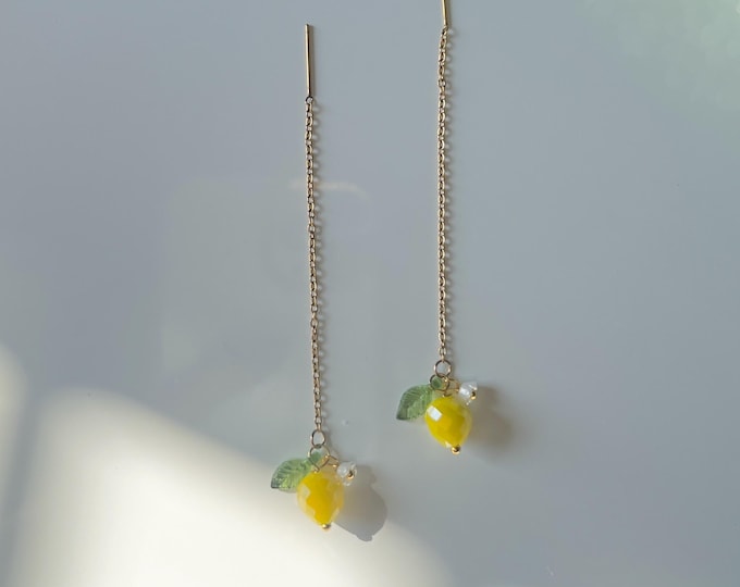 Lemon Threader Earrings | 24K Gold Plated Stainless Steel Dangle Jewelry | Citrus Earrings