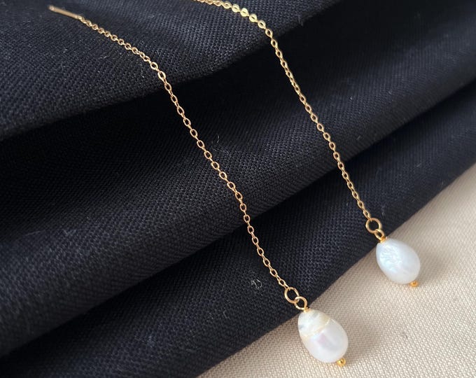 Freshwater Pearl Threader Earrings | White Pearl | Minimalist Island Style Bridal Jewelry