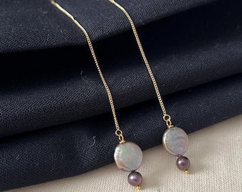 Freshwater Pearl Threader Earrings | Thyme Disc, Dark Peacock Pearls, Bridal Jewelry