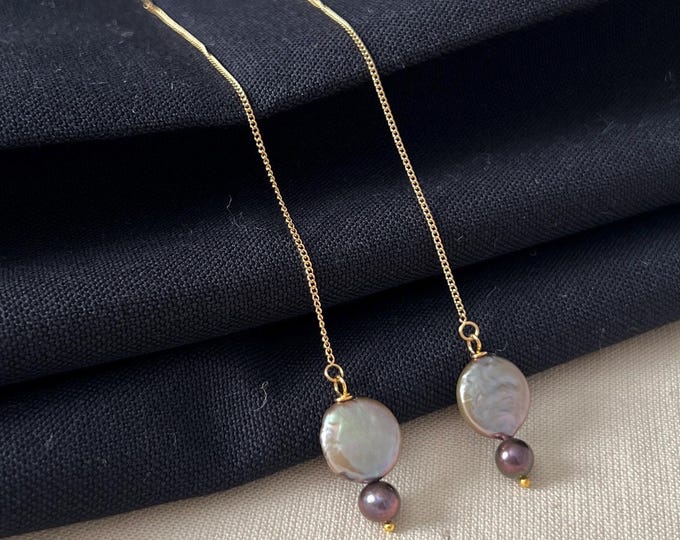 Freshwater Pearl Threader Earrings | Thyme Disc, Dark Peacock Pearls, Bridal Jewelry