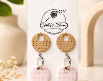 The Alice - Chic Interchangeable Earrings | Tan Textured & Pink Gingham Resin Charms | Hypoallergenic Silver Hoops Barbiecore