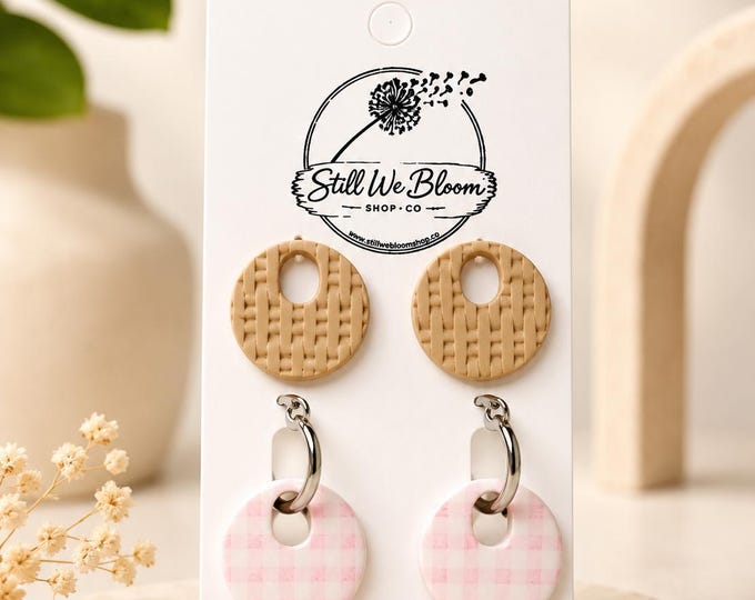 The Alice - Chic Interchangeable Earrings | Tan Textured & Pink Gingham Resin Charms | Hypoallergenic Silver Hoops Barbiecore