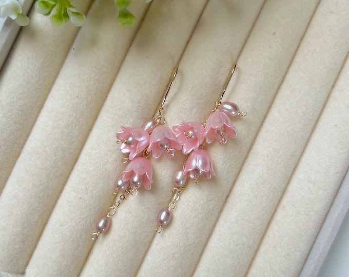 Pink Green Lily of the Valley Flower Pearl Drop Earrings, Gold Tone Stainless Steel Ear Hook, Bridal Jewelry, Bridesmaide jewelry