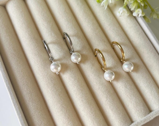 Pearlescent Shell Bead Huggie Earrings | Gold Plated Silver Finish, Minimalist Pearl Dangles