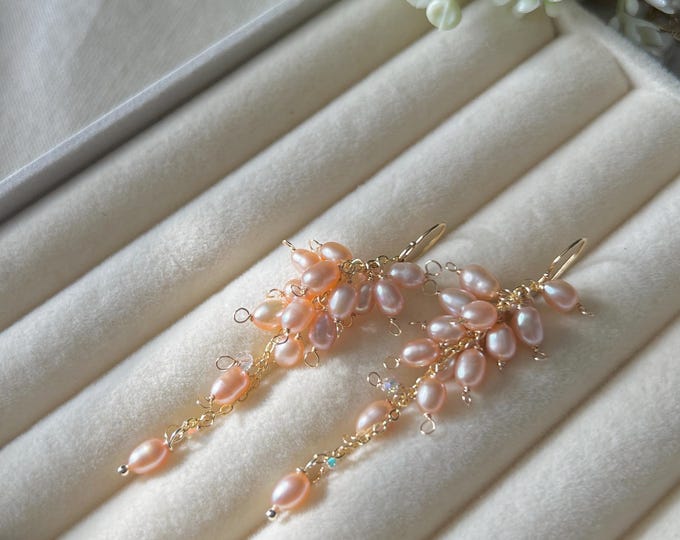 Peach Wisteria Pearl Bridal Earrings, Gold-Filled Cascading Floral Wedding Jewelry