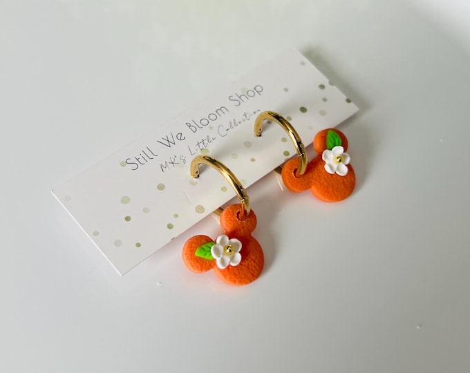 Flower Garden Inspired Mouse Earrings, Interchangeable Floral Orange Clay Hoops