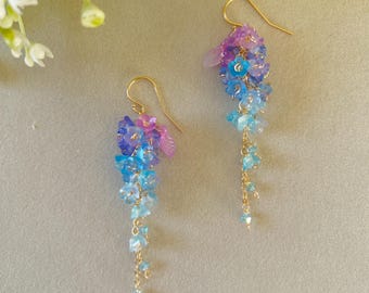 Purple Blue Ombré Floral Dangle Earrings, Wisteria Inspired, Gold Filled Hooks, Pearl Crystal Accents