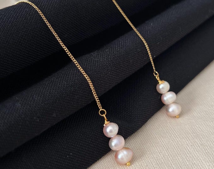 Freshwater Pearl Threader Earrings | Baby Pink Luminous Pearls, Island Elegance