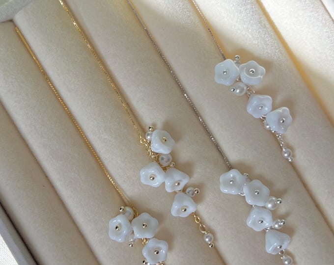 White Glass Flower Ear Threaders, Pearl Bridal Wedding Jewelry