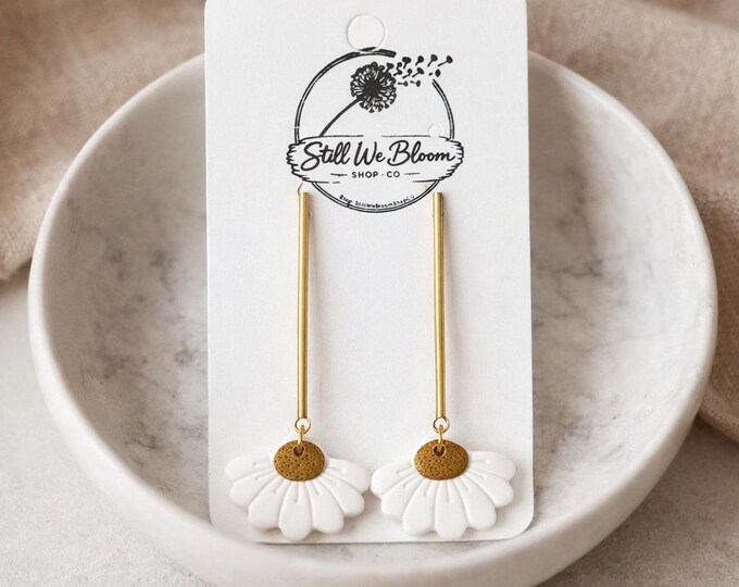 Handmade Polymer Clay Daisy Earrings, Gold Bar Drop, Pastel Floral Jewelry