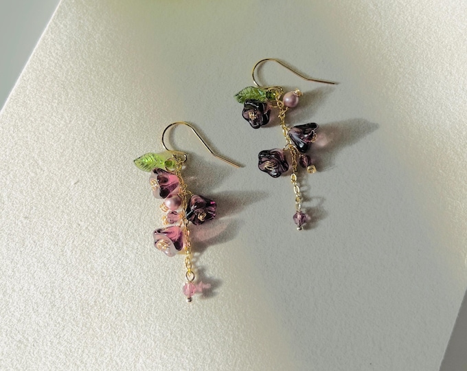 Plum Purple Glass Flower Dangle Earrings, Crystal Accents, Gold-Filled Hooks, Romantic Botanical Jewelry