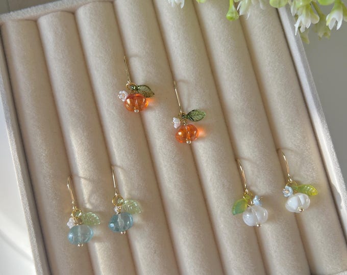 Orange Blue White Pumpkin Earrings, Fall Autumn Jewelry, Gold Tone Ear Hooks