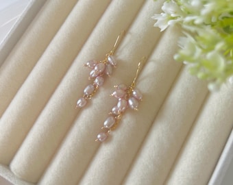 Handmade Pink Blush Pearl Drop Earrings, Wisteria Floral Design, Gold Plated, Romantic Gift