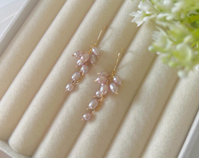 Handmade Pink Blush Pearl Drop Earrings, Wisteria Floral Design, Gold Plated, Romantic Gift