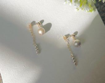 Asymmetrical Pearl Dangle Earrings, Platinum Crystal Studs, Gold-Filled Posts, Bridal Jewelry