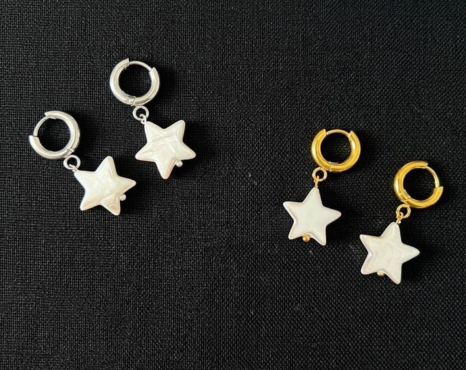 White Coated Shell Star Huggie Earrings | Coastal Beach Celestial Jewelry