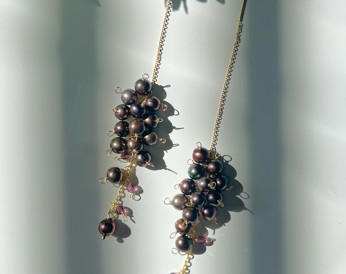 Dark Peacock Pearl Wisteria Earrings, Gold Filled Threader Bridal Jewelry