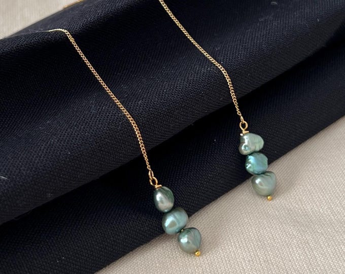 Freshwater Pearl Threader Earrings |  Green Pearls, Modern Bridal Jewelry
