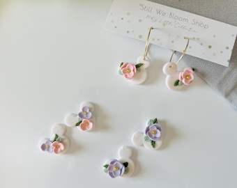 Mouse Pink OR purple Floral Polymer Clay Earrings | Pastel Flowers, Gold Hoops, Lightweight Jewelry
