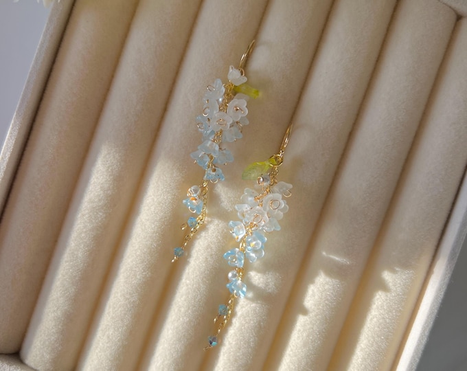 Blue Ombré Floral Dangle Earrings, Wisteria Inspired, Gold Filled Hooks, Pearl Crystal Accents