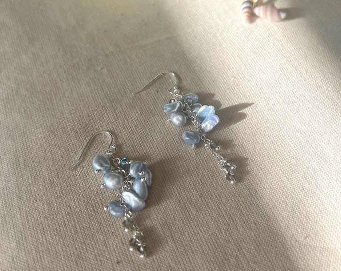 Blue Freshwater Pearl Cluster Earrings, Irregular Pearls, Bicone Crystals, Sterling Silver