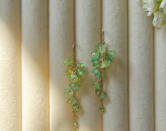 Green Wisteria Flower Dangle Earrings | Gold Filled Hooks | Dainty Floral Earrings | Preciosa Crystal Accent