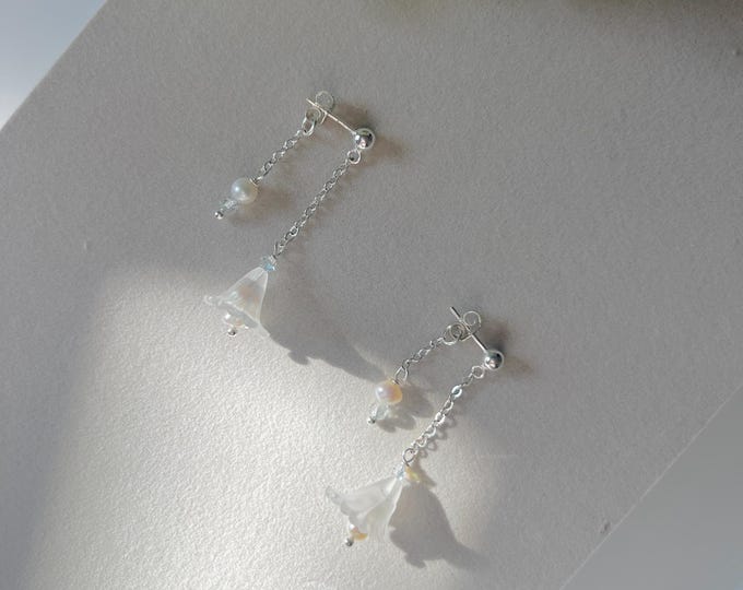 Calla Lily Earrings, Freshwater Pearl Dangle Botanical Jewelry, Sterling Silver