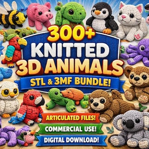 Puede incluir: Una colección de coloridas figuras de animales 3D tejidas, incluyendo una abeja, un cerdo, una tortuga, un pingüino, un gato y un búho. La imagen también presenta el texto: "300+ KNITTED 3D ANIMALS STL & 3MF BUNDLE! ARTICULATED FILES! COMMERCIAL USE! DIGITAL DOWNLOAD!"