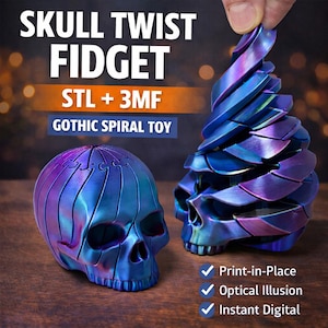 May include: A blue and purple Skull Twist Fidget toy. The gothic spiral toy is made of plastic and has an optical illusion design. The image includes the text "Print-in-Place", "Optical Illusion", and "Instant Digital".