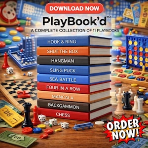 May include: A stack of colorful PlayBook'd game books, including "Hook & Ring," "Shut the Box," and "Chess." Various game pieces, dice, and a chessboard are scattered around the books. The image includes the text "Download Now" and "Order Now!"