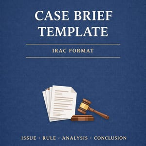 Puede incluir: Un fondo azul con el texto "CASE BRIEF TEMPLATE" en blanco. Debajo del texto está "IRAC FORMAT". La imagen también incluye una pila de papeles, un mazo y las palabras "ISSUE • RULE • ANALYSIS • CONCLUSION".