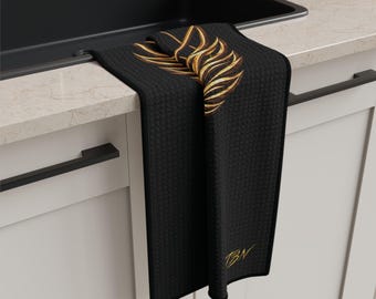 Regal Phoenix Emblem Microfiber Tea Towel | Gold Crowned Bird, Black Red Accent