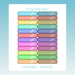 May include: A selection of pixelated hairclips in a range of colours, such as blue, yellow, red, purple, pink, green, and brown. The text "Pixel Hairclips" and "Hairclips - Default" are visible.