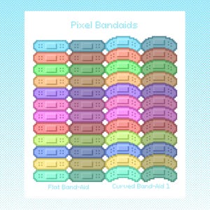 May include: A collection of pixelated bandages in various colors, including blue, orange, green, purple, pink, and yellow. The image features both flat and curved band-aid designs, with the text "Pixel Bandaids" at the top.