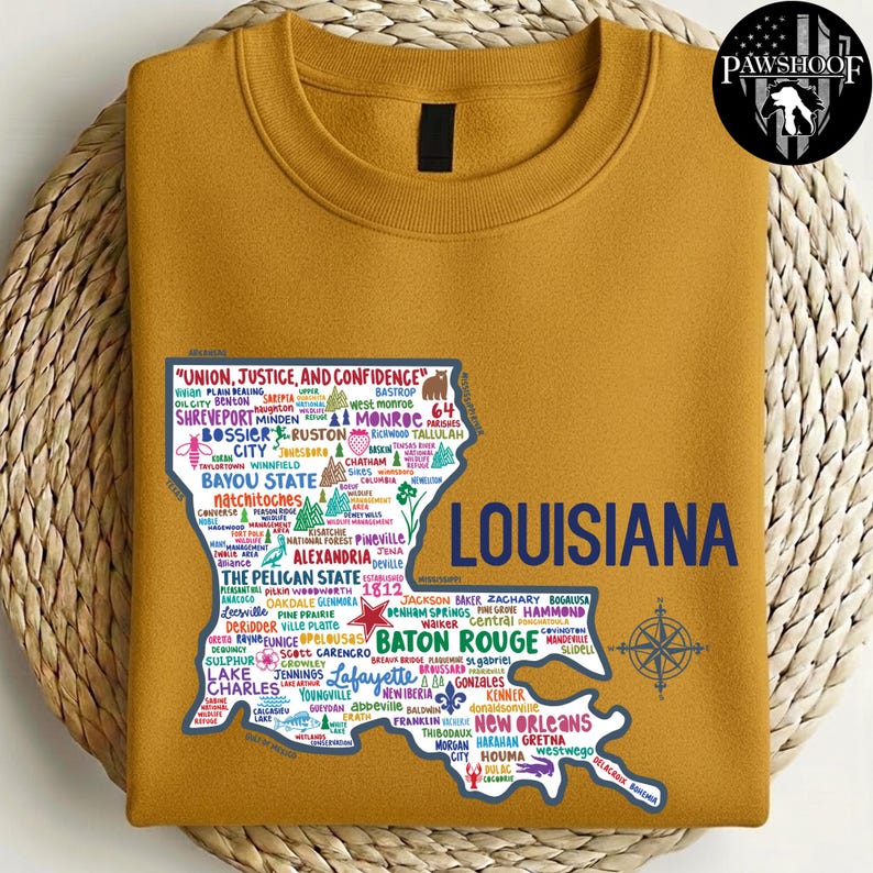 May include: Mustard yellow sweatshirt featuring a map of Louisiana with city names and the state's name in navy blue. The map includes the text "UNION, JUSTICE, AND CONFIDENCE" and a compass rose graphic. A Pawshoof logo is in the upper right corner.