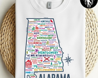 Camiseta con mapa de Alabama, camiseta vintage del estado de Alabama, camiseta del orgullo de Alabama, regalo del corazón de Dixie
