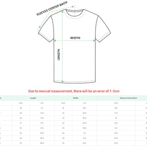 May include: A black and white line drawing of a t-shirt with arrows indicating measurement points for length, width, and sleeve center back. Below the illustration is a sizing chart with columns for size, length, width, and sleeve center back in inches.