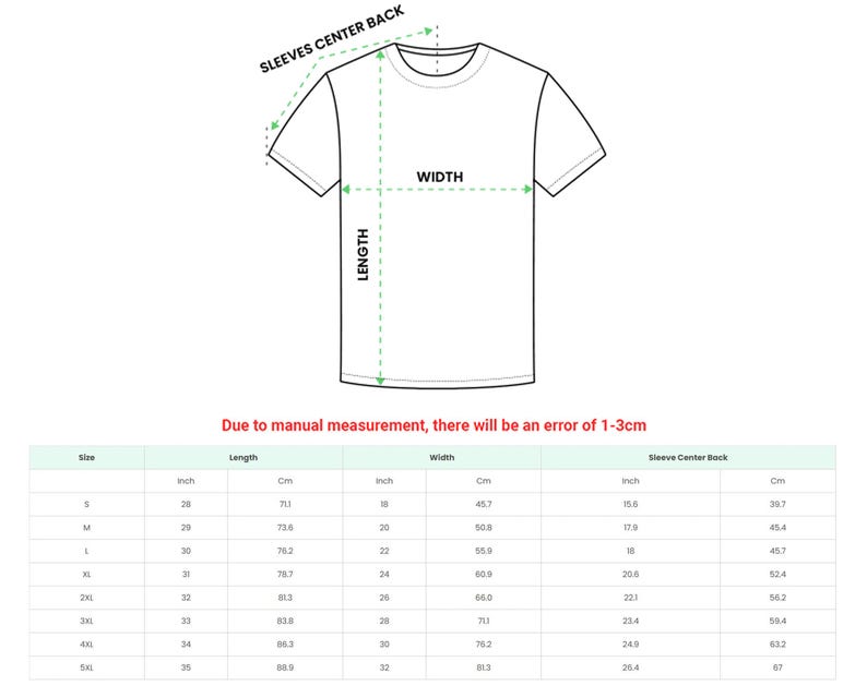 May include: A black and white line drawing of a t-shirt with arrows indicating measurement points for length, width, and sleeve center back. Below the illustration is a sizing chart with columns for size, length, width, and sleeve center back in inches.