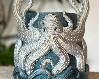 Octopus Planter with Tray - Aqua Silver