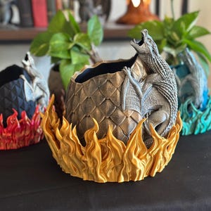 May include: Three dragon egg planters with textured scales and a sculpted dragon perched on the side. Each egg sits in a base shaped like stylized flames in red, gold, and teal. The planters are hollow and designed to hold small potted plants.