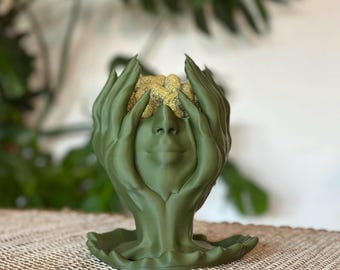 Melted Woman Head-Planter/Jewelry Holder - Green