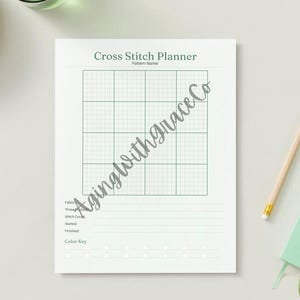 May include: A white paper Cross Stitch Planner sheet with a dark green grid, text fields for pattern name, fabric, thread, stitch count, dates, and a color key section. The text AgingwithgraceCo is overlaid diagonally across the center of the page.