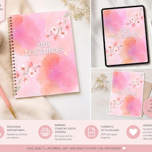Puede incluir: Un cuaderno de espiral, una tableta digital y una tarjeta, todos con un fondo de acuarela rosa con ilustraciones de flores de cerezo y el texto blanco 'MIS LECTURAS' impreso en las portadas de cada artículo de la colección.